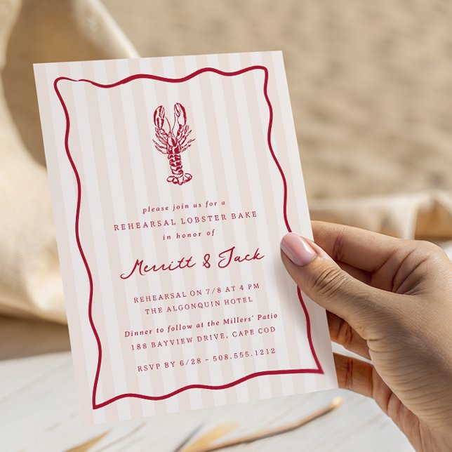 Whimsical Doodle Lobster Bake Rehearsal Dinner Invitation (Coastal lobster rehearsal dinner invitations)