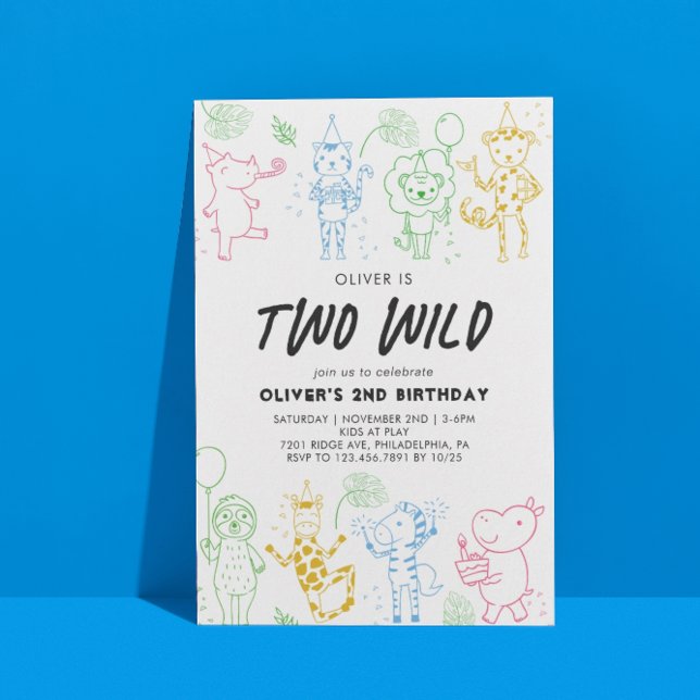 Whimsical Doodle Party Animals 2nd Birthday Invitation (Creator Uploaded)