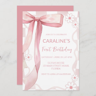 Whimsical Doodle Pink Bow First Birthday  Invitation