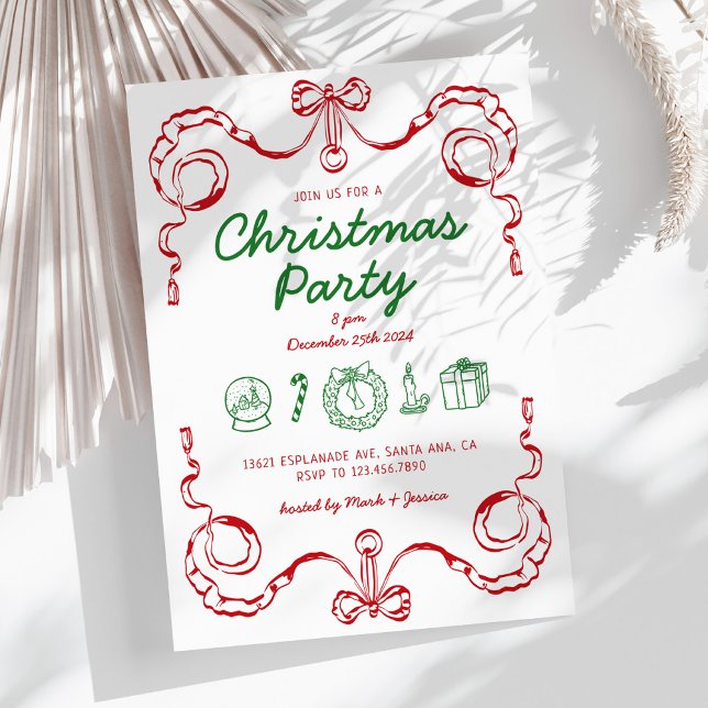 Whimsical Doodle Red and Green Christmas Party Invitation (Creator Uploaded)
