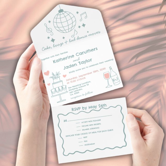 Whimsical doodle styled blue wedding all in one invitation (Whimsical doodle wedding invitation)