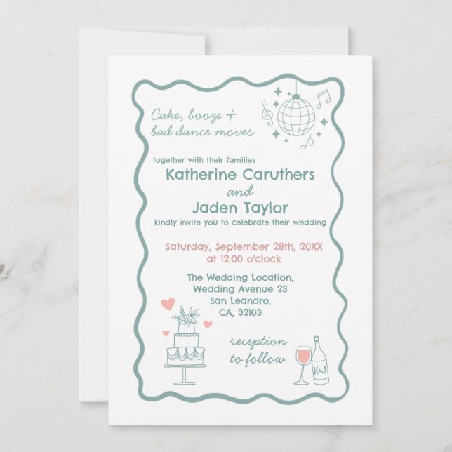 Whimsical doodle styled blue wedding Invitation (Front)