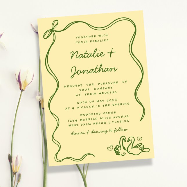 Whimsical Doodle Swans Bow Butter Yellow Wedding Invitation (Creator Uploaded)