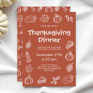 Whimsical Doodle Terracotta Thanksgiving Dinner Invitation