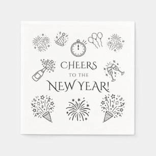 Whimsical Doodles Black Cheers to New Year Party Napkin