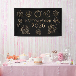 Whimsical Doodles Gold Black Happy New Year 2026 Banner