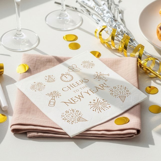 Whimsical Doodles Gold Cheers to New Year Party Napkin (Creator Uploaded)