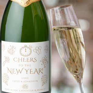 Whimsical Doodles Gold Cheers to New Year Party Sparkling Wine Label