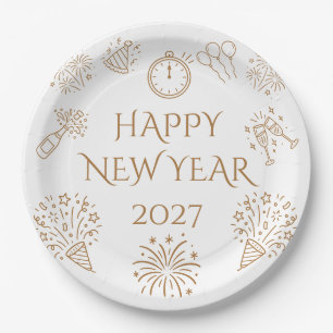 Whimsical Doodles Gold Happy New Year 2027 Paper Plate