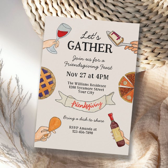 Whimsical Doodles Hand Drawn Friendsgiving Invitation (Available in both printed and instant download digital format.)