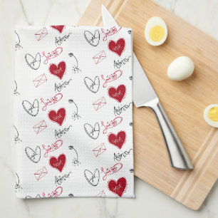 Whimsical Doodles Hand Drawn Valentines Day Tea Towel
