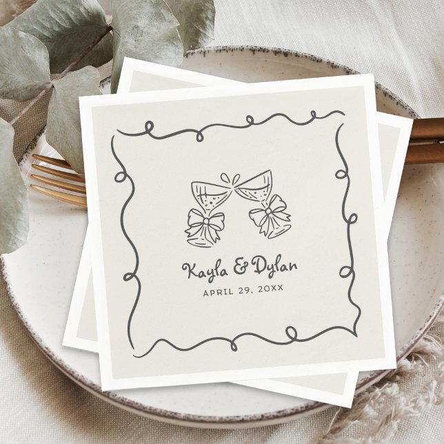 Whimsical Doodles Hand Drawn Wavy Frame Wedding Napkin (Creator Uploaded)
