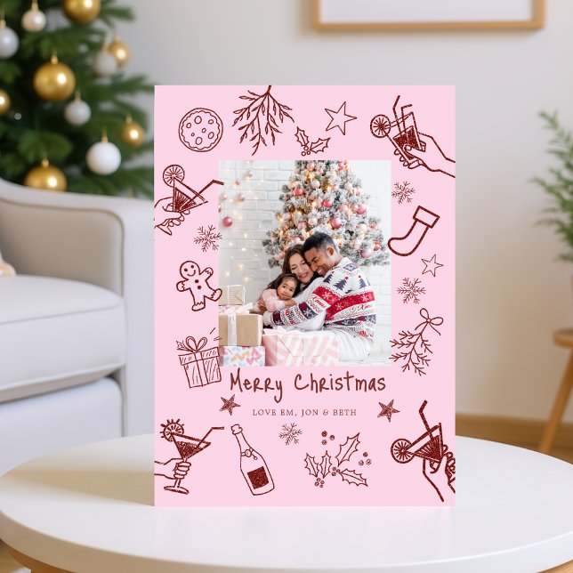 Whimsical Doodles Photo Red Pink Christmas Card (Creator Uploaded)