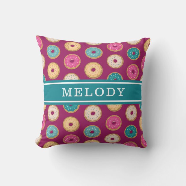 Whimsical Doughnut Pattern on Purple Cushion (Front)