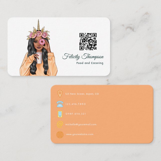 Whimsical Doughnut Unicorn Lady Food Catering QR C Business Card (Front/Back)