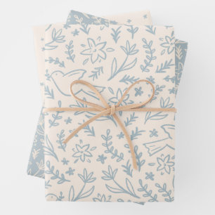 Whimsical Dove & Flowers Religious Symbol Blue Wrapping Paper Sheet