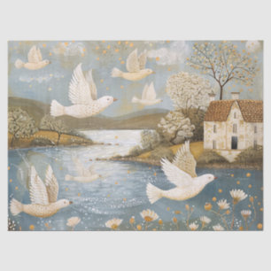 Whimsical Doves Landscape Vintage Art Decoupage Tissue Paper