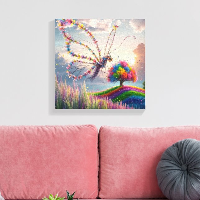 Whimsical Dragon Butterfly in Bloom: Intricate Canvas Print (Insitu(LivingRoom))