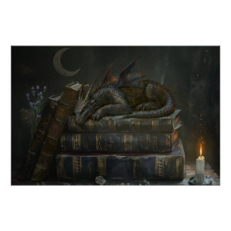 Whimsical Dragon on Books Wall Art | Dark Academia