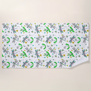 Whimsical Dragonflies and Dandelions Hand Drawn  Beach Towel