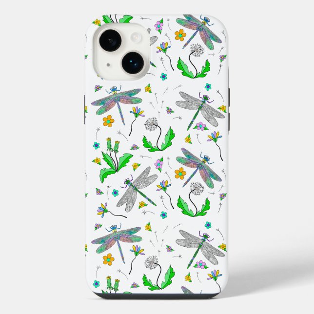 Whimsical Dragonflies and Dandelions Hand Drawn iPhone Case (Back)