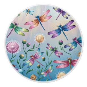 Whimsical Dragonflies with Flowers Ceramic Knob