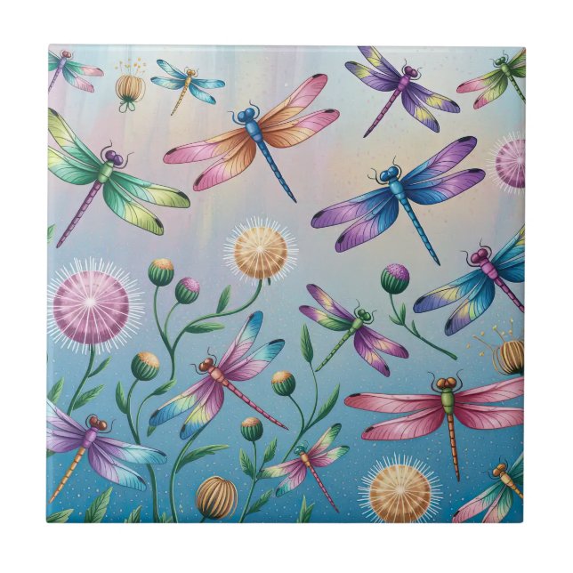 Whimsical Dragonflies with Flowers Tile (Front)