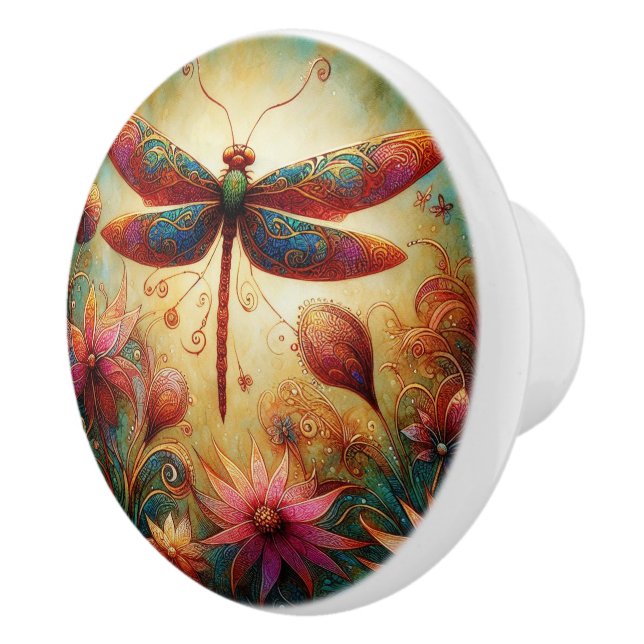 Whimsical Dragonfly Floral Abstract Art Teal Pink Ceramic Knob (Right)
