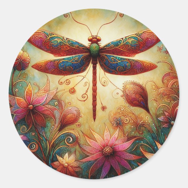 Whimsical Dragonfly Floral Abstract Art Teal Pink Classic Round Sticker (Front)