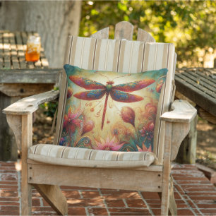 Whimsical Dragonfly Floral Abstract Art Teal Pink Cushion