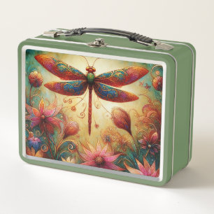Whimsical Dragonfly Floral Abstract Art Teal Pink Metal Lunch Box