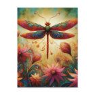 Whimsical Dragonfly Floral Abstract Art Teal Pink