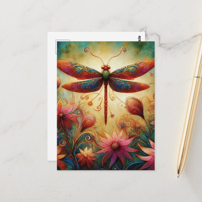 Whimsical Dragonfly Floral Abstract Art Teal Pink Postcard (Front/Back In Situ)