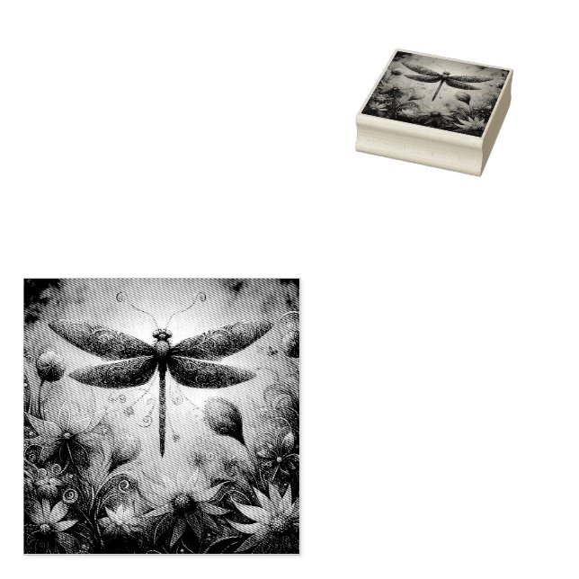 Whimsical Dragonfly Floral Abstract Art Teal Pink Rubber Stamp (Stamped)