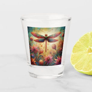 Whimsical Dragonfly Floral Abstract Art Teal Pink Shot Glass