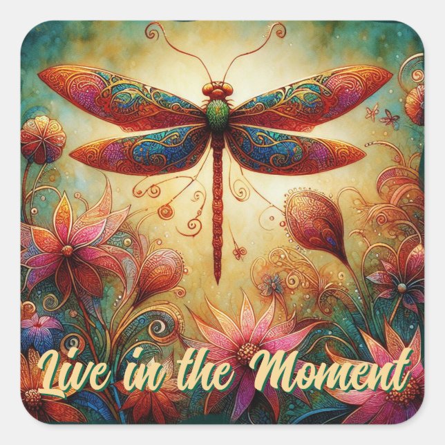 Whimsical Dragonfly Floral Abstract Art Teal Pink Square Sticker (Front)