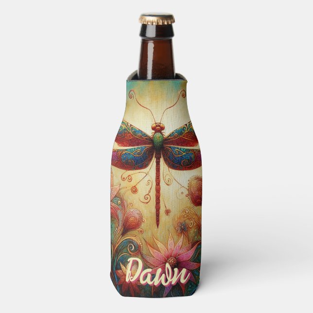 Whimsical Dragonfly Floral Abstract Personalised Bottle Cooler (Bottle Front)