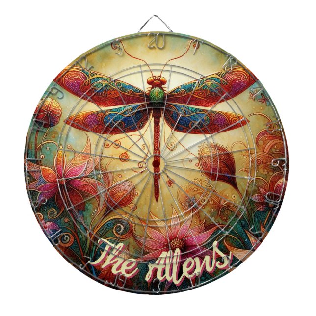 Whimsical Dragonfly Floral Abstract Personalised Dartboard (Front)