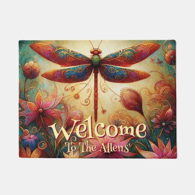 Whimsical Dragonfly Floral Abstract Personalised Doormat (Front)