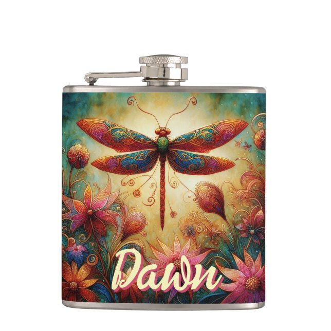 Whimsical Dragonfly Floral Abstract Personalised Hip Flask (Front)