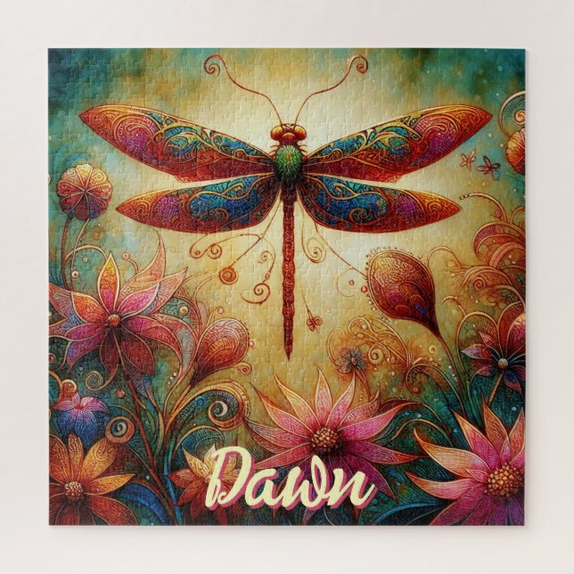 Whimsical Dragonfly Floral Abstract Personalised Jigsaw Puzzle (Vertical)