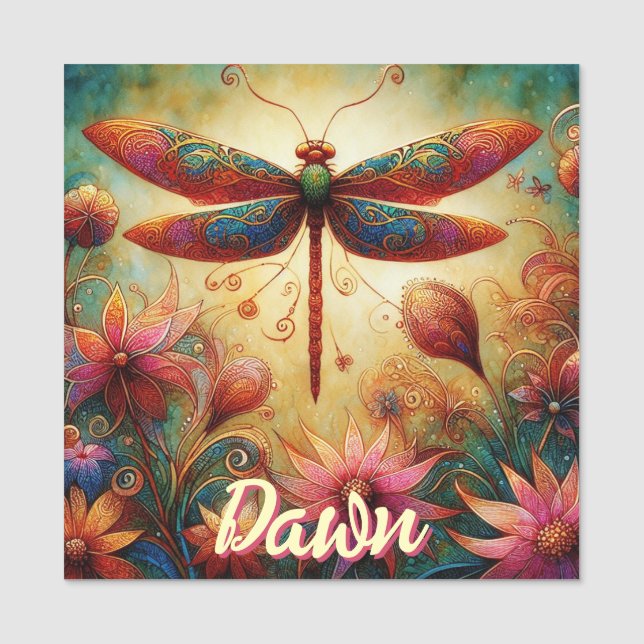 Whimsical Dragonfly Floral Abstract Personalised Name Tag (Front)
