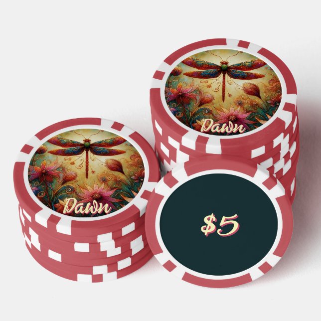 Whimsical Dragonfly Floral Abstract Personalised Poker Chips (Stack)