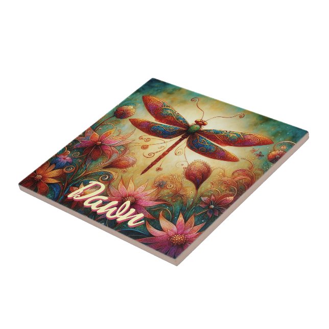 Whimsical Dragonfly Floral Abstract Personalised Tile (Side)