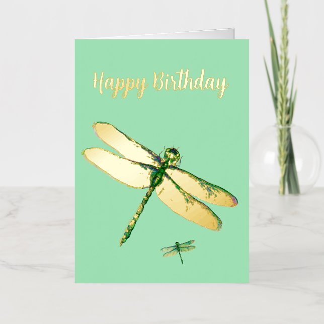  Whimsical Dragonfly Mint Green Foil Birthday Card (Front)