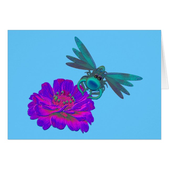 Whimsical Dragonfly On Flower Card (Front Horizontal)