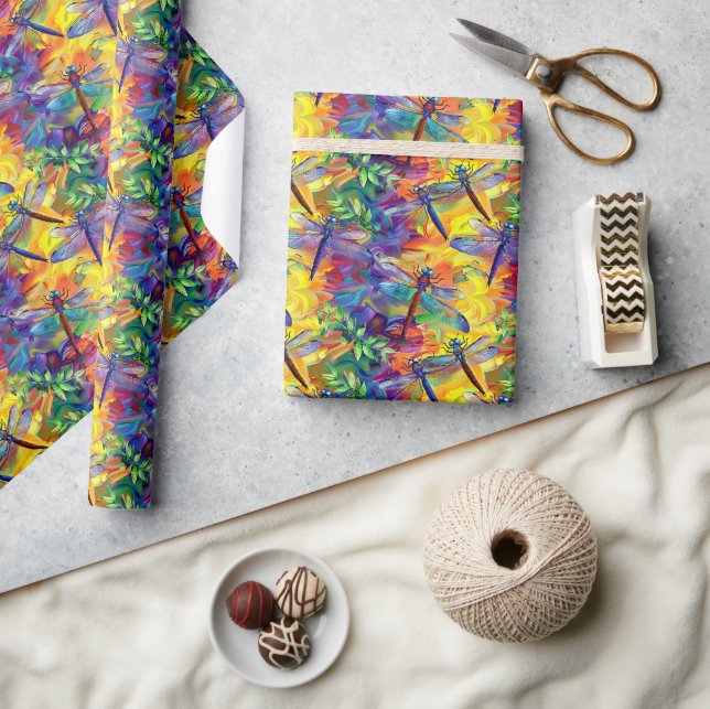 Whimsical Dragonfly Pattern with Vibrant Backgroun Wrapping Paper (Crafts)