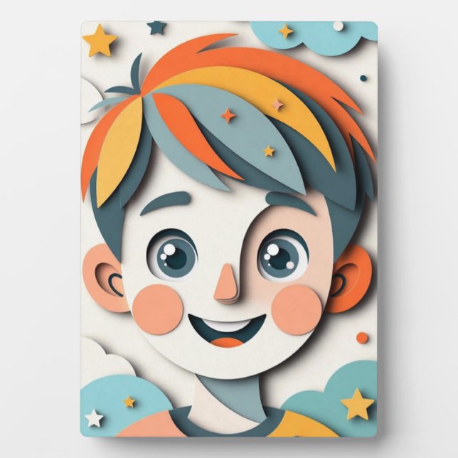 Whimsical Dream Boy in Layered Paper-Cut Style Plaque (Front)