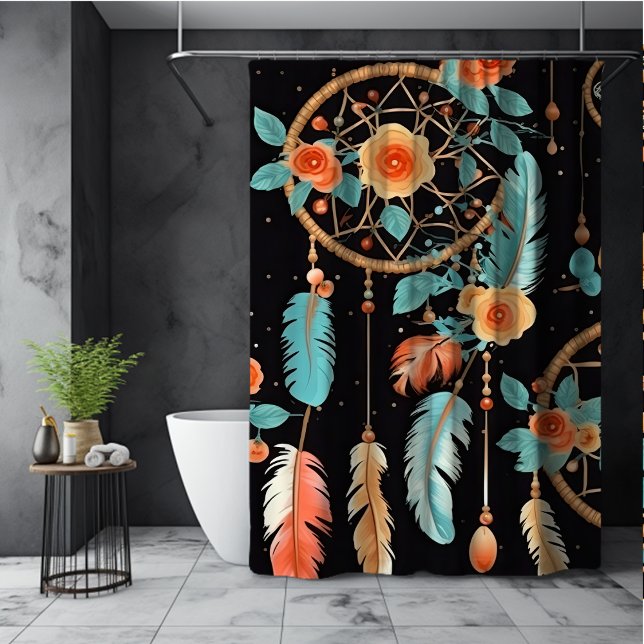 Whimsical dreamcatcher boho dark floral black teal shower curtain (Creator Uploaded)