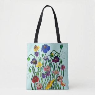 Whimsical Duck Egg Blue Wild Poppy Watercolor Tote Bag